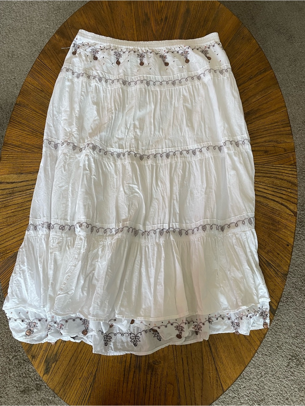 Ruff Hewn White Tiered Bohemian Festival Maxi Skirt with Brown Embroidery
